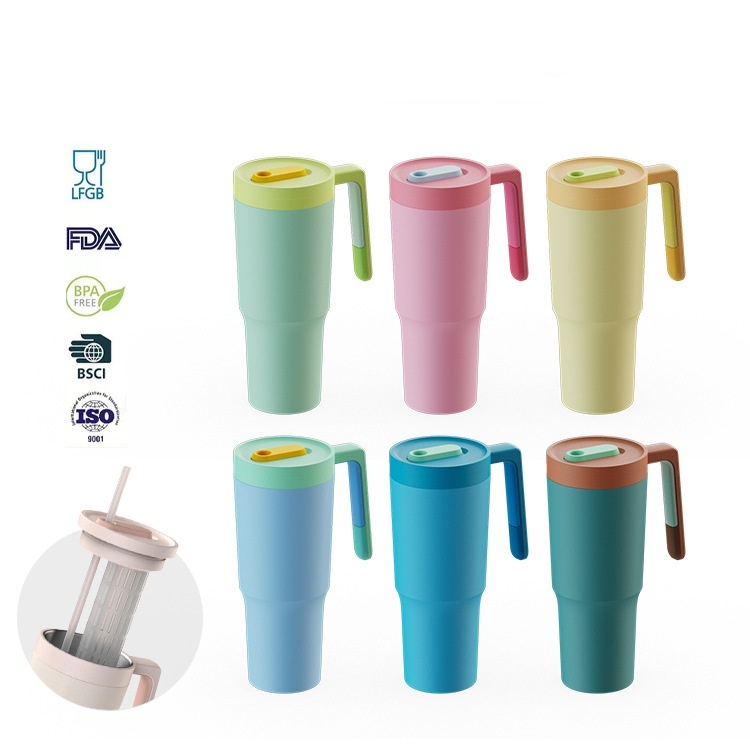 Wholesale bulk vacuum insulated 40 oz coffee cup with straw and handle cap with handle travel mug