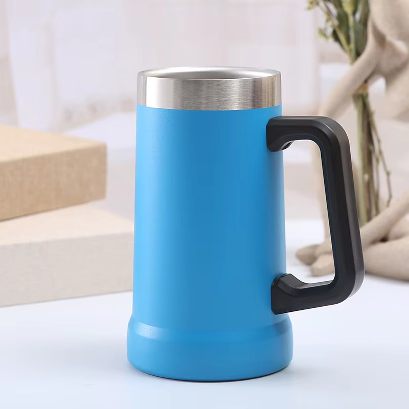 Wholesale cross-border new double-deck 304 stainless steel with handle vacuum cooling mugs office mugs, custom beer mugs